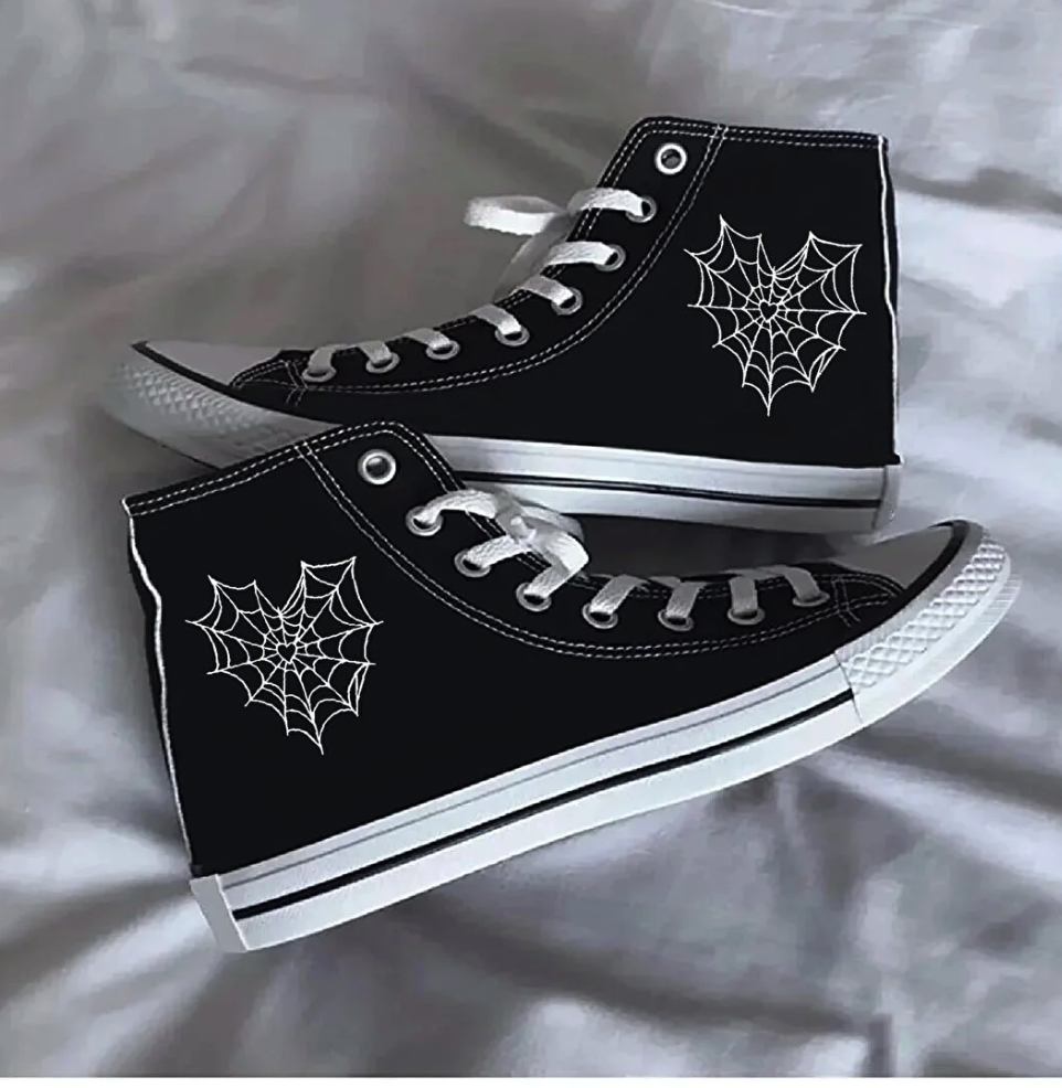 Halloween Unisex Casual Linen Comfortable Ankle Black Long Convers Heart Spider Web Printed Sneakers
