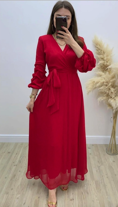 MaziButik فستان طويل شيفون أحمر ccf3-4544