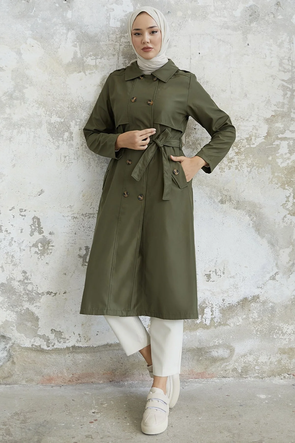 InStyle Evelina Double Button Detail Trench Coat - MS00OR1005 - Elegant Bondit Fabric