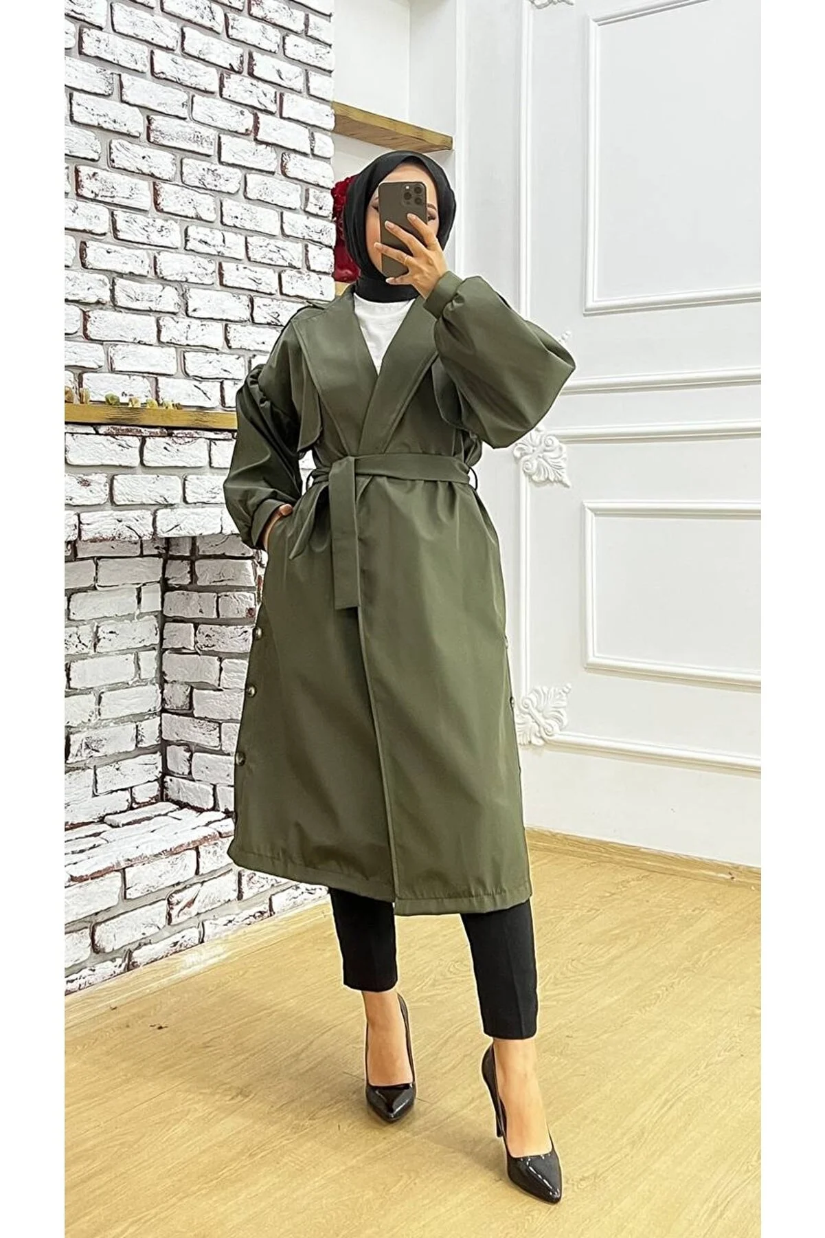 Marjinal City Long Draped and Side-Buttoned Balloon Sleeve Women's Trench Coat 254264
