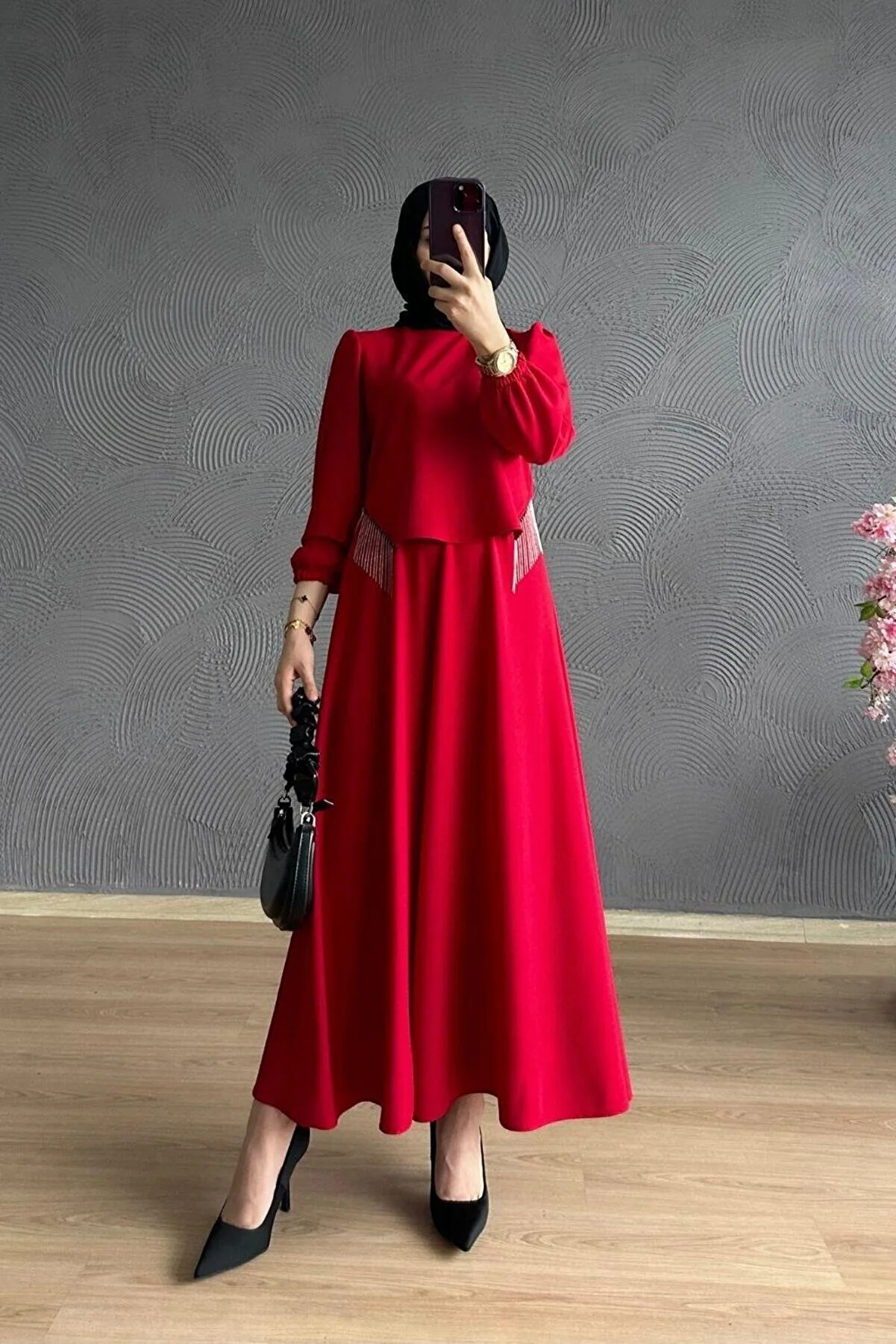 Şule Giyim Roza Red Skirt Set - TYC00813687257 - Stretchy Crepe Fabric