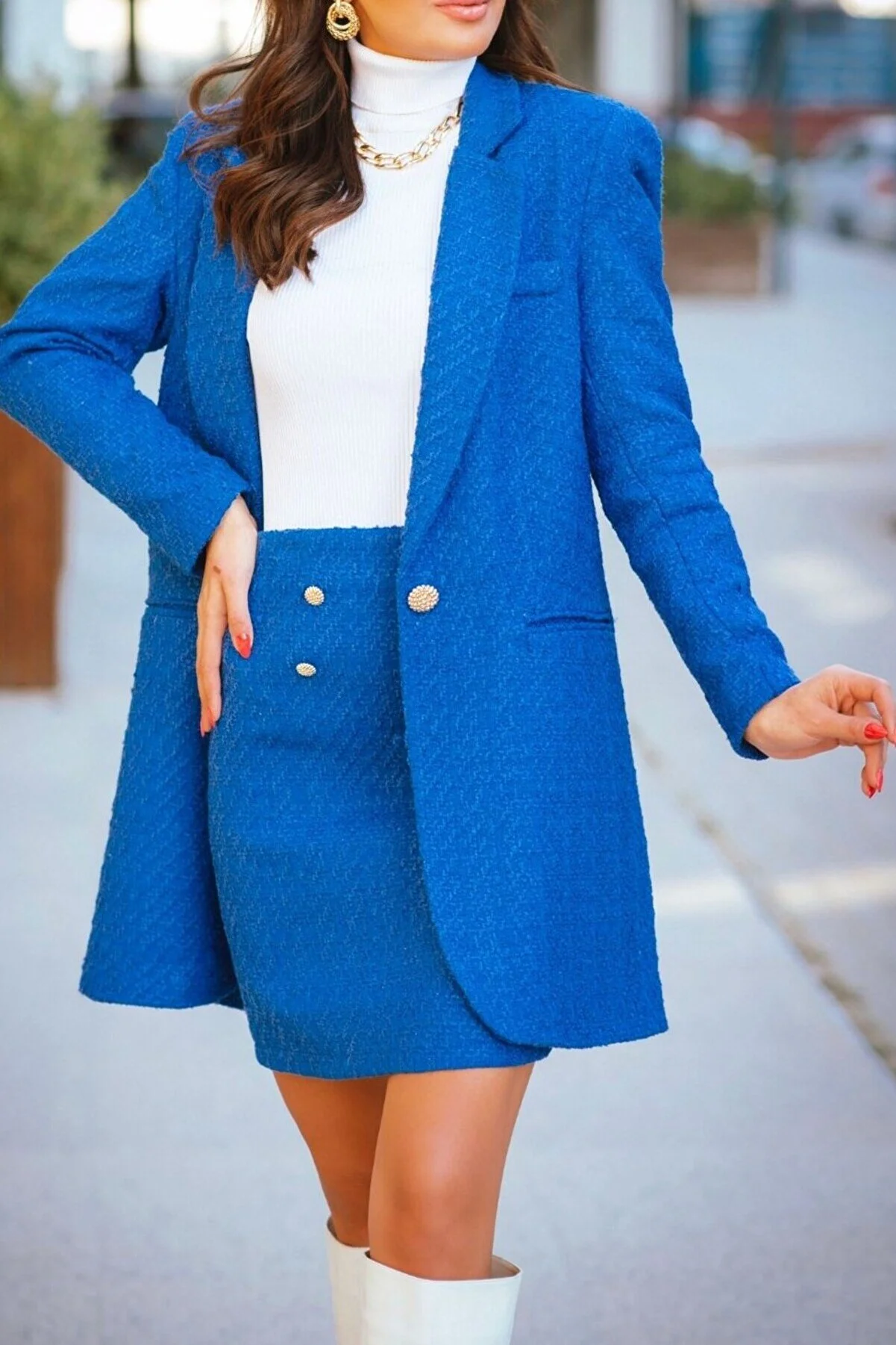 "Suzi Butik Women's Tweed Fabric Navy Blue Jacket Skirt Set (9164)"
