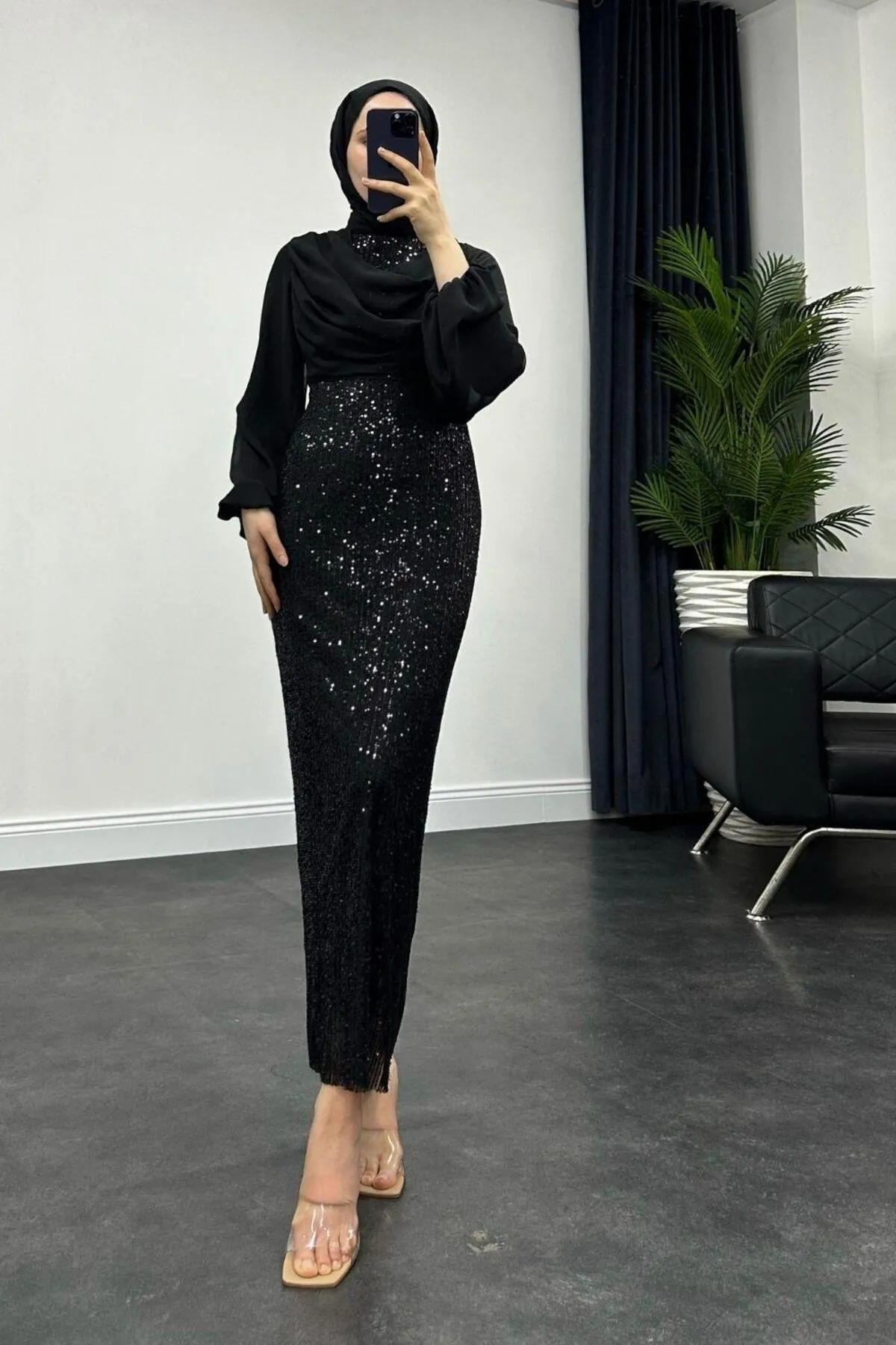 MervenakyuzDavis Black Chiffon Evening Dress