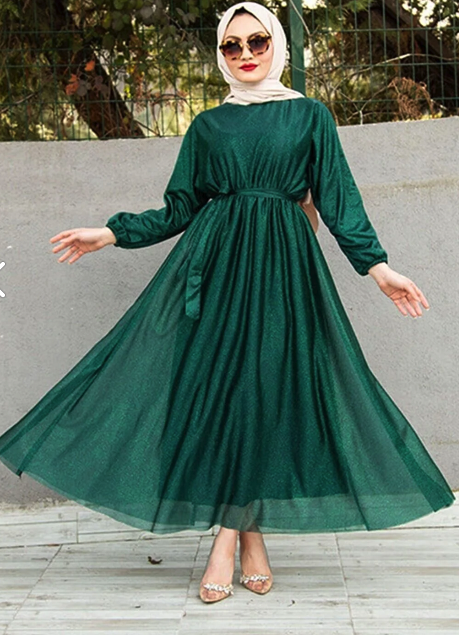 MY DREAM Silvery Waist Belted Salmon Islamic Clothing Evening Dress