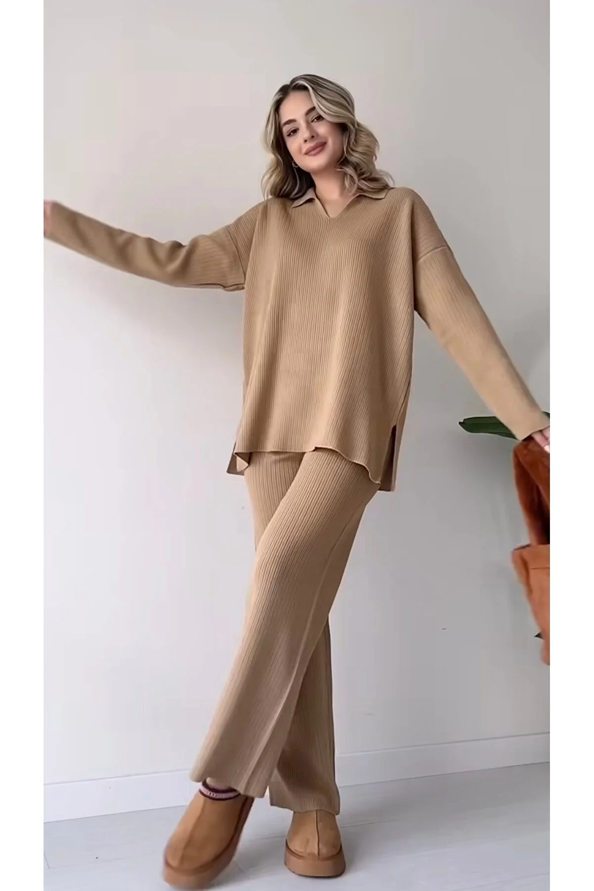 DAMGA Collection Women's Knit Set - Polo Neck Sweater and Pants (XN6382) in Black