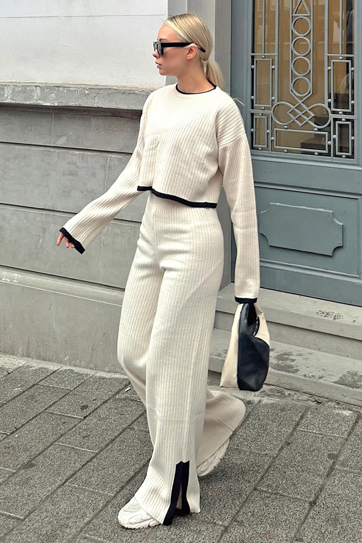 "Swist Beige Striped Knit Crop-Pant Set (44761)"