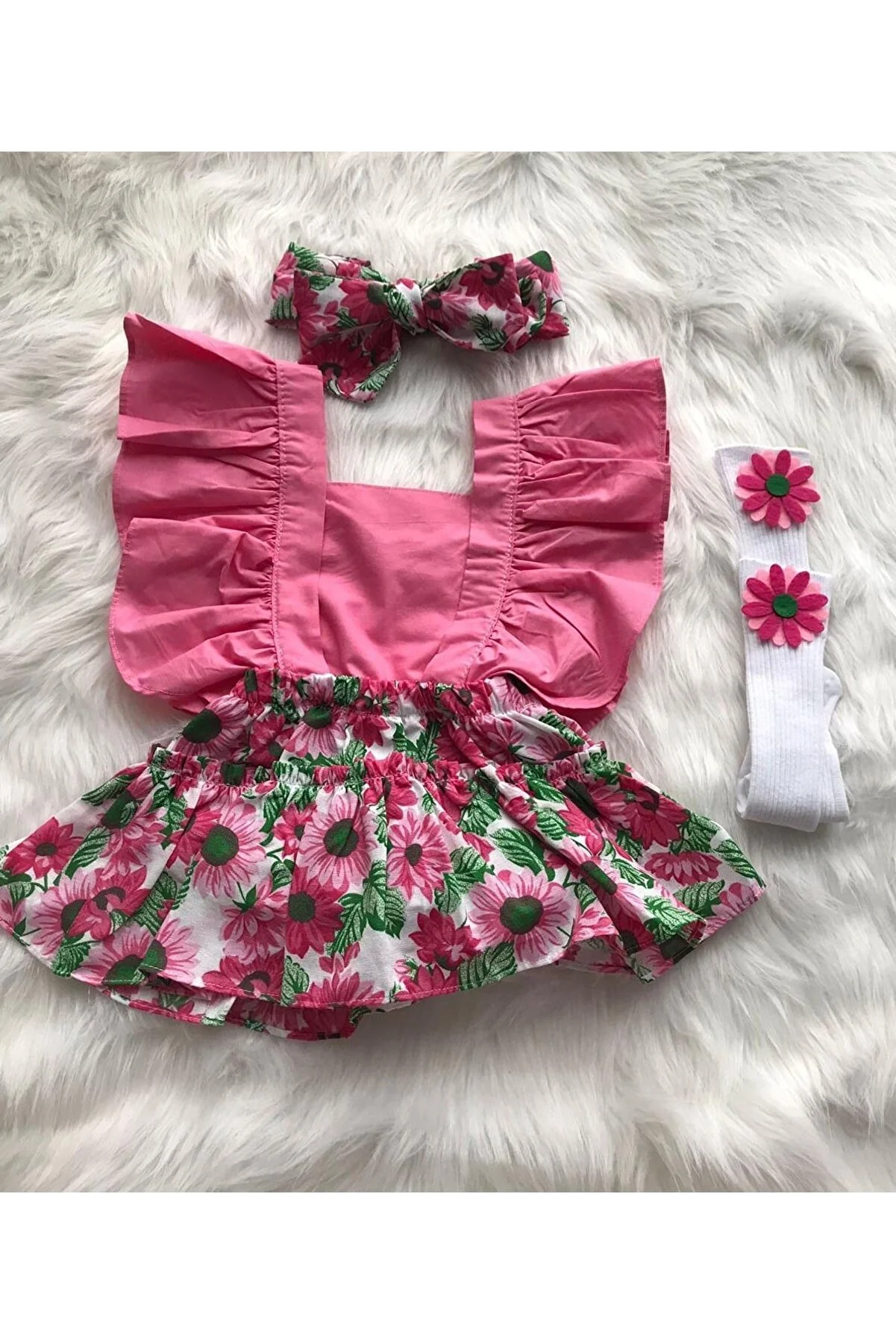 ŞAPKAKİDS Pink Sunflower Print Romper with Bandana and Socks Set for Baby Girl