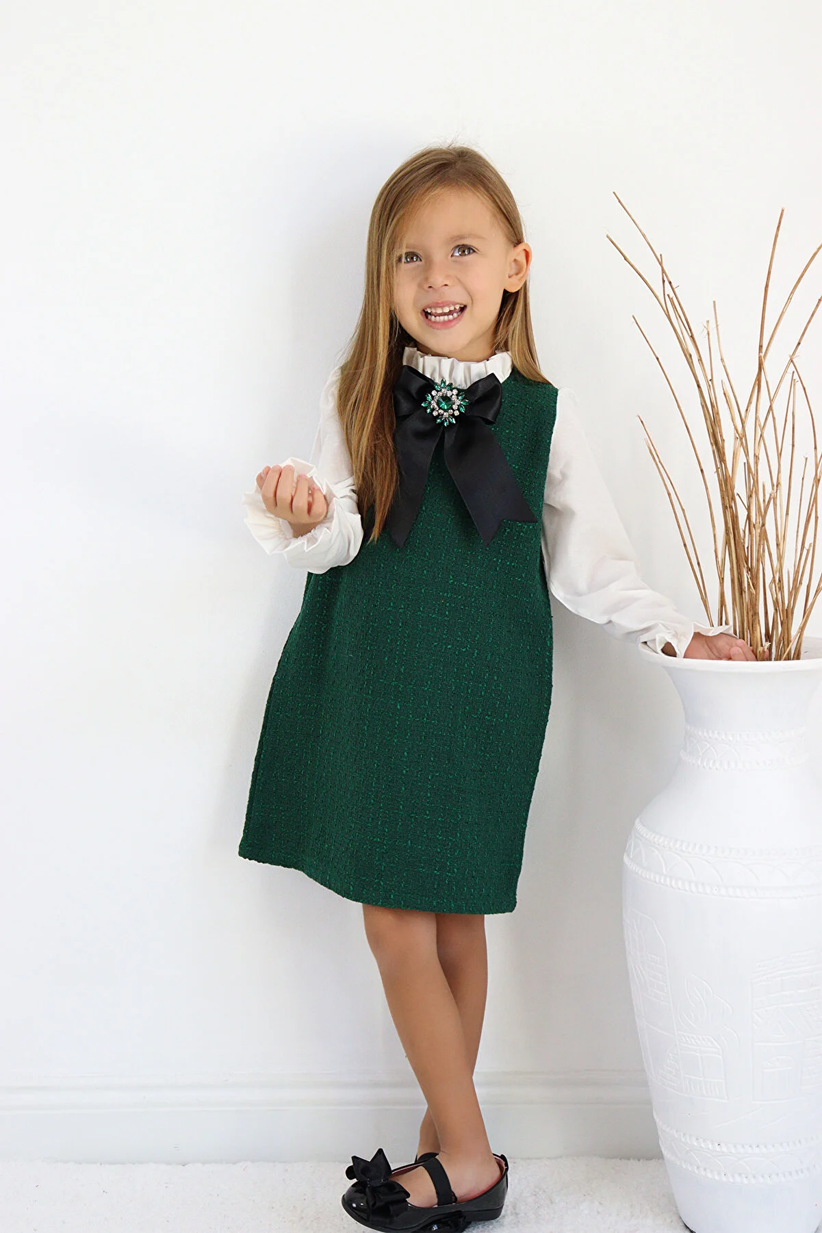 Girl Child Emerald Green Vanessa Brooch Detail Tweed Long Sleeve New Year's Dress