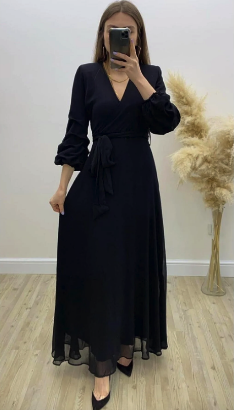 MaziButik فستان طويل شيفون أسود ccf3-658