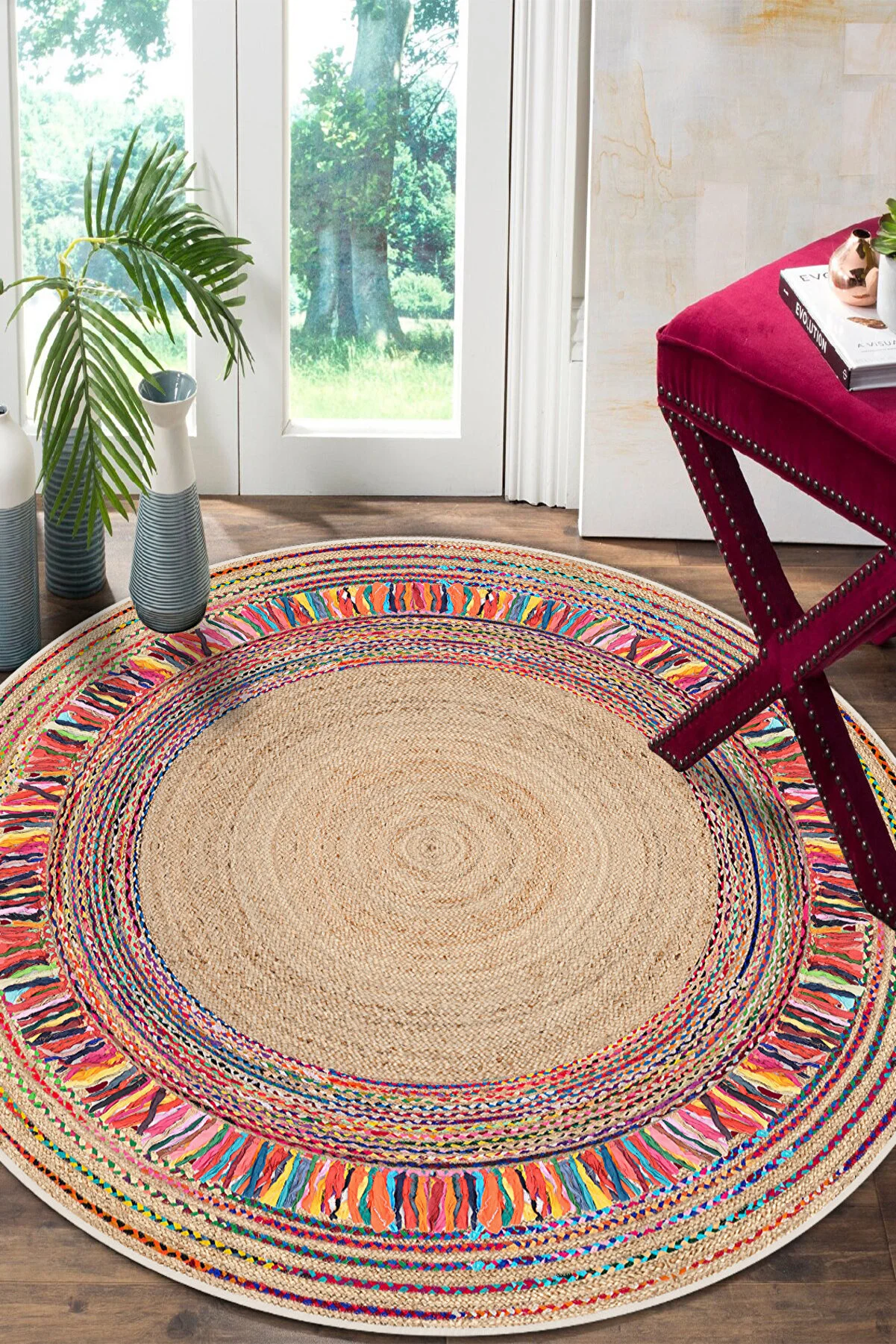 MUA HOME DECOR Round Woven Pattern Digital Print Washable Non-Slip Rug for Living Room, Kitchen, Balcony, Bathroom
