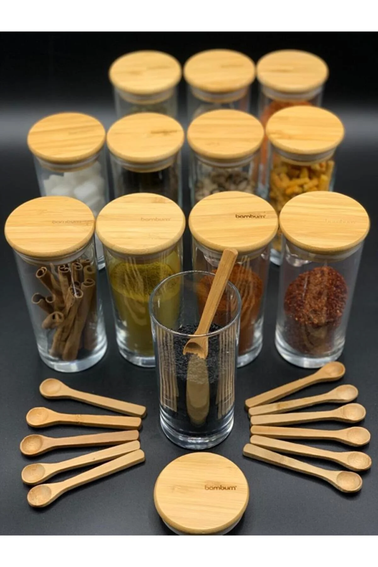 Exquisite Bambum Zolla Prestige 24-Piece Spice Jar Set with Spoons: Elegant Kitchen Decor, Hygienic Storage Solution