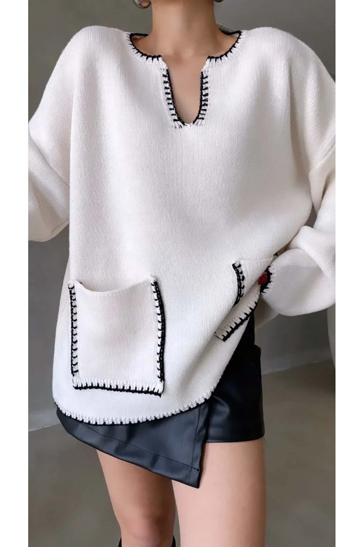 NILZA Women's Oversize Shepherd Stitched Double Pocket Sweater NLZ522