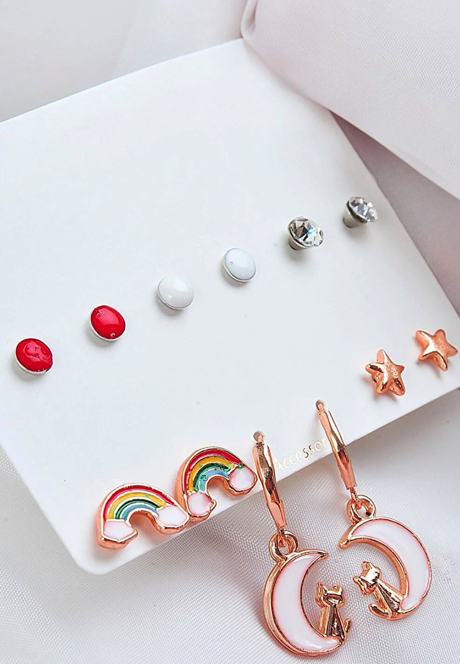 EUROMODA Aykedi Rainbow And Star Design Solitaire Colorful Ball Earrings Rose Color 12 Pieces Women's Girls Earrings Set