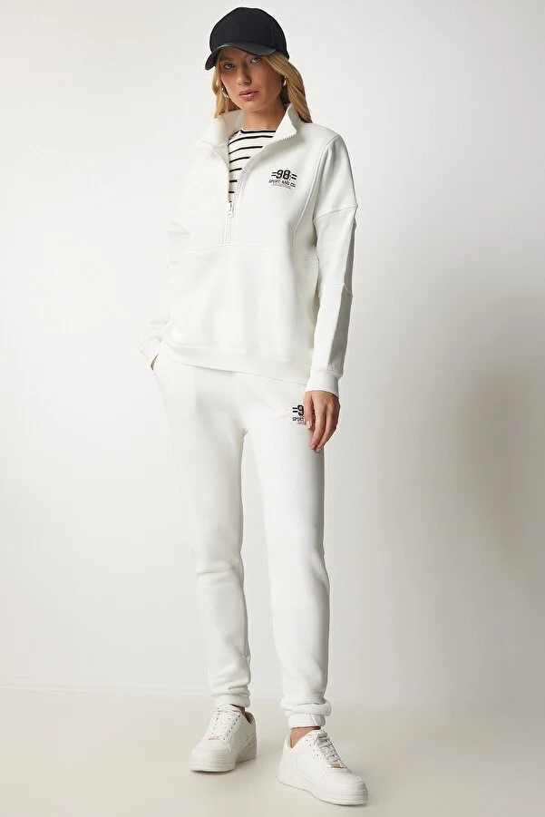 "Happiness İstanbul Women's White/Black Zip Neck 3-Thread Knit Tracksuit CR00416