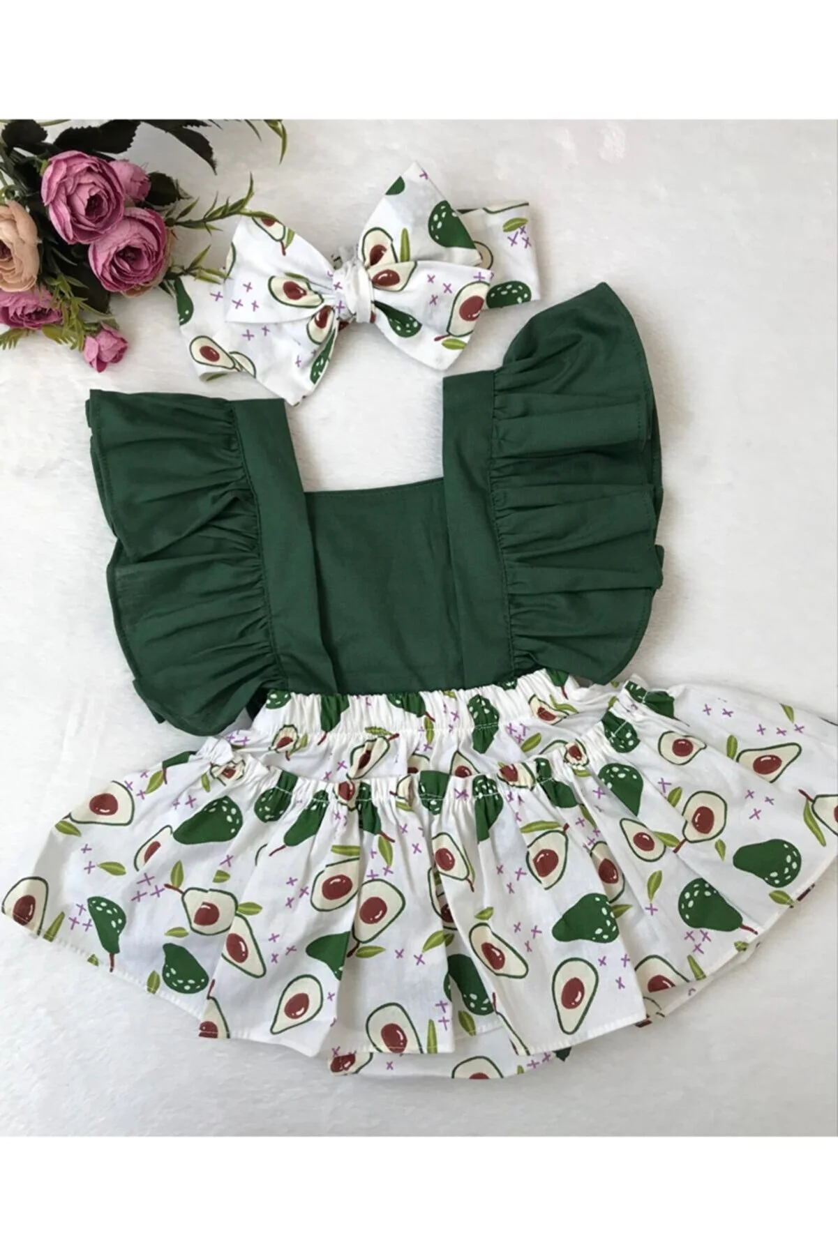 ŞAPKAKİDS Green Avocado Print Ruffled Romper with Bandana Set for Baby Girls
