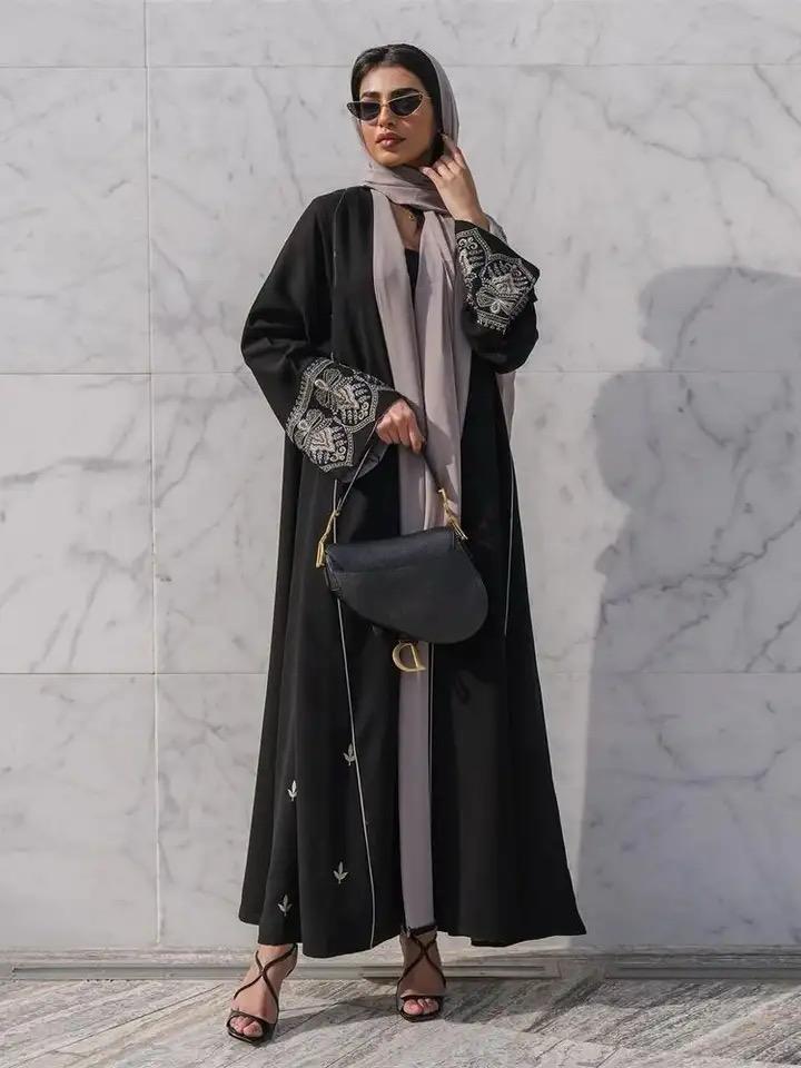 Black Dress Open Embroidery Abaya Dubai 2024 Summer Muslim Kimono Abaya Dubai Summer For Women