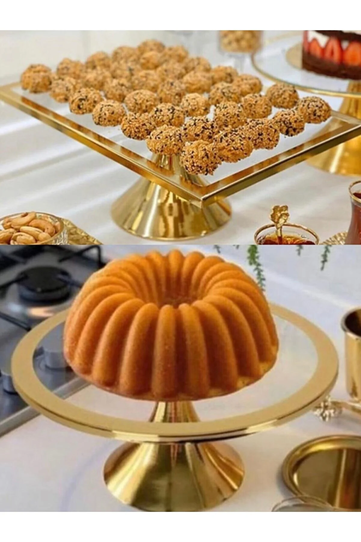Luxury Party Set: 2-Piece Elegant Rectangular and Round Cake and Pastry Presentation Stands by Fiyakalı Ürünler