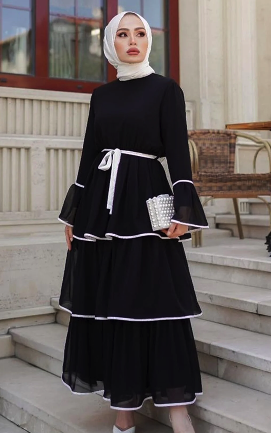Bestenur Tiered Belted Long Chiffon Dress 155 - Black CDILK00EFL15