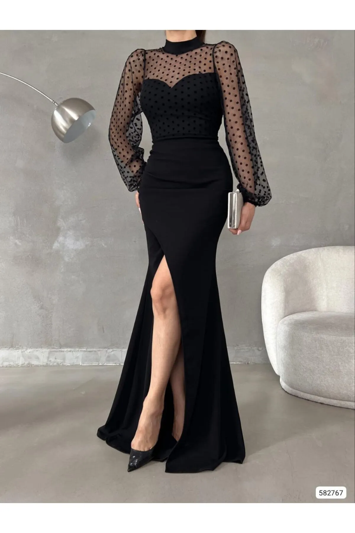 WoolnClyde Women's Black Fisherman Neckline Maxi Evening Dress with Tulle Detail and Slit - Plus Size