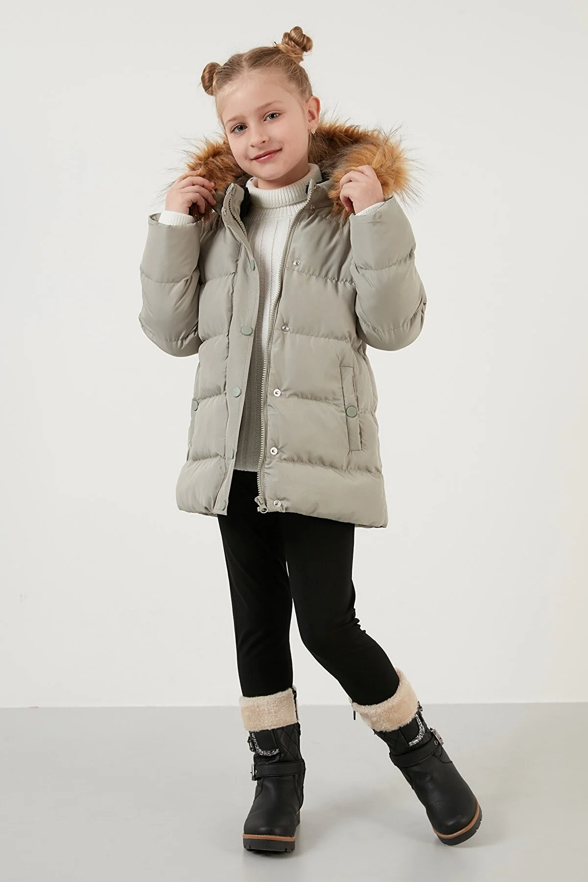 Lela Collar Faux Fur Hooded Pocketed Coat Girl's Coat 6028720