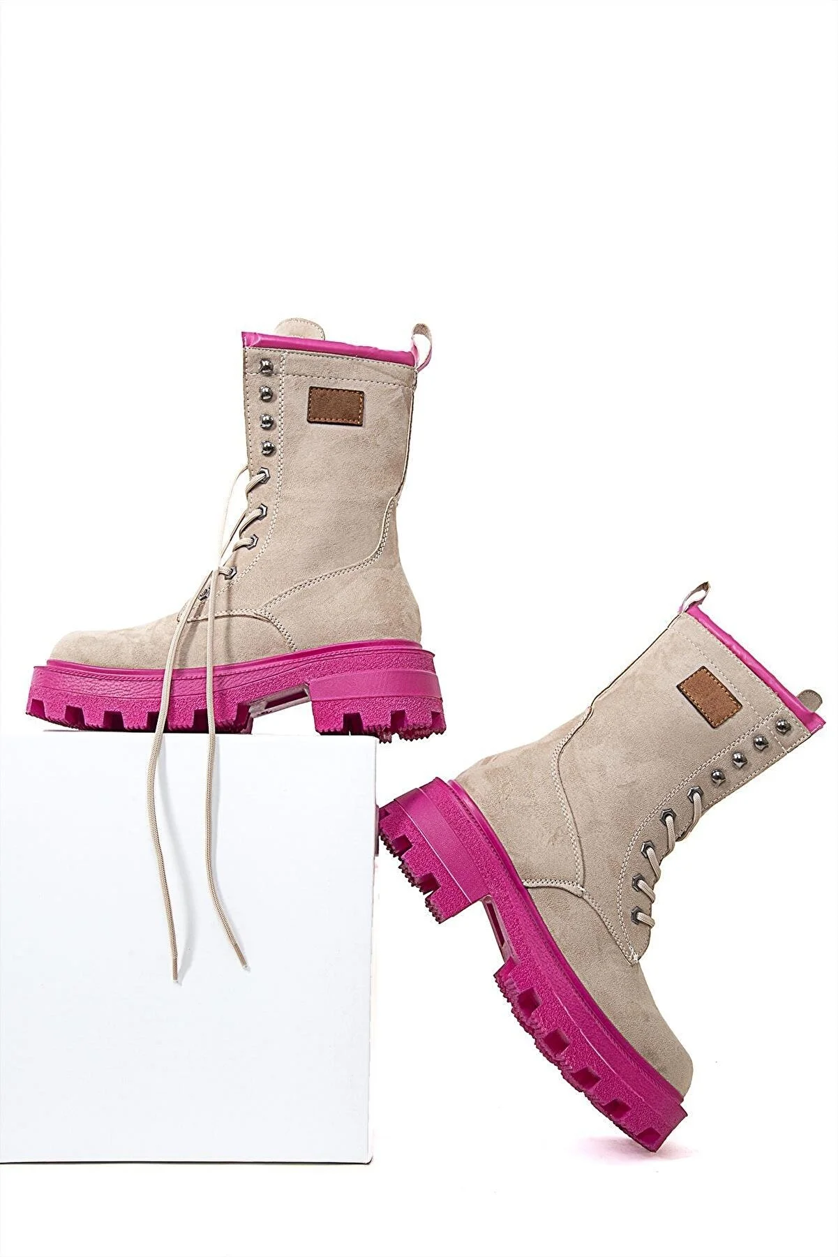 Tomsking Women's Boots Tan-Beige-Orange Suede with Lace Detail High Heel Elegant Comfortable Casual Boots Ready-4002