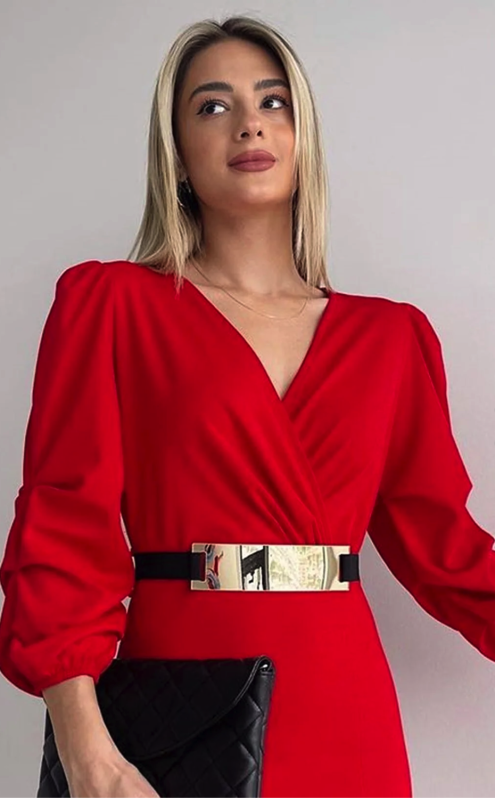 lovebox Women's Crepe Fabric Slit Short Sleeve Midi Length Double Breasted Red Evening Dress with Belt Gift 074 BS-DKS-074
