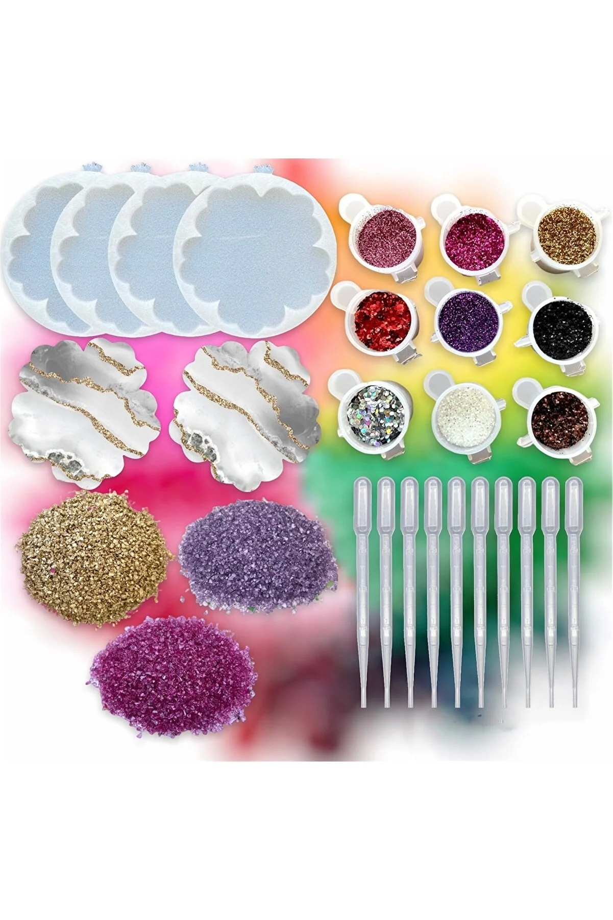 26-Piece DIY Mold and Craft Set: Silicone Coaster Molds, Sim Glitter, Liquid Pipettes, and Crystal Embellishments