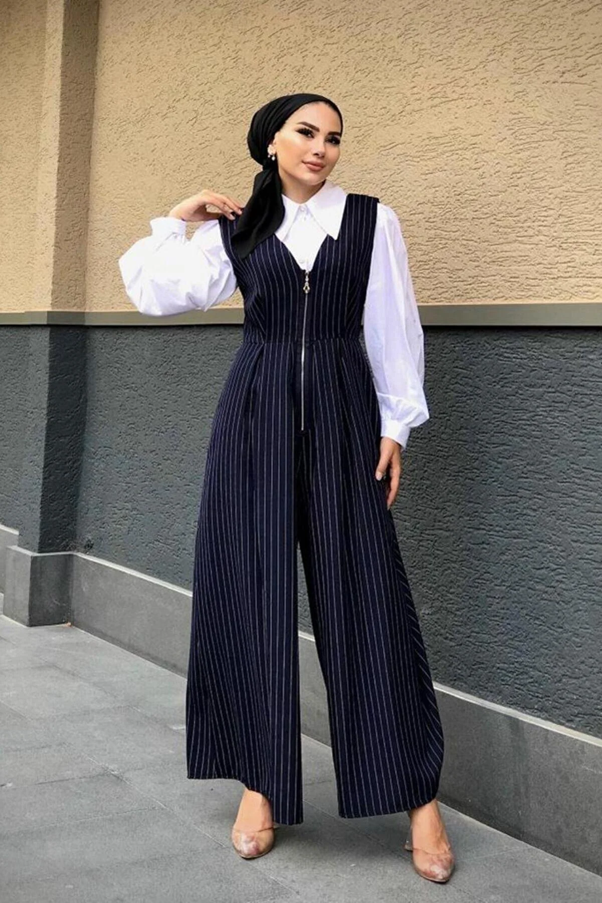 Chic Navy Striped Jumpsuit 6001 with Front Zipper - 135 cm Length, Size 1 (36-38