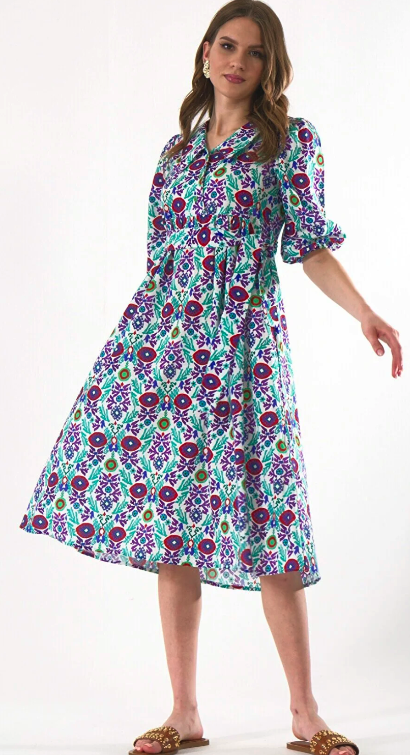 ABBRA Women's Princess Collar Lace-Up 100% Cotton Midi Dress