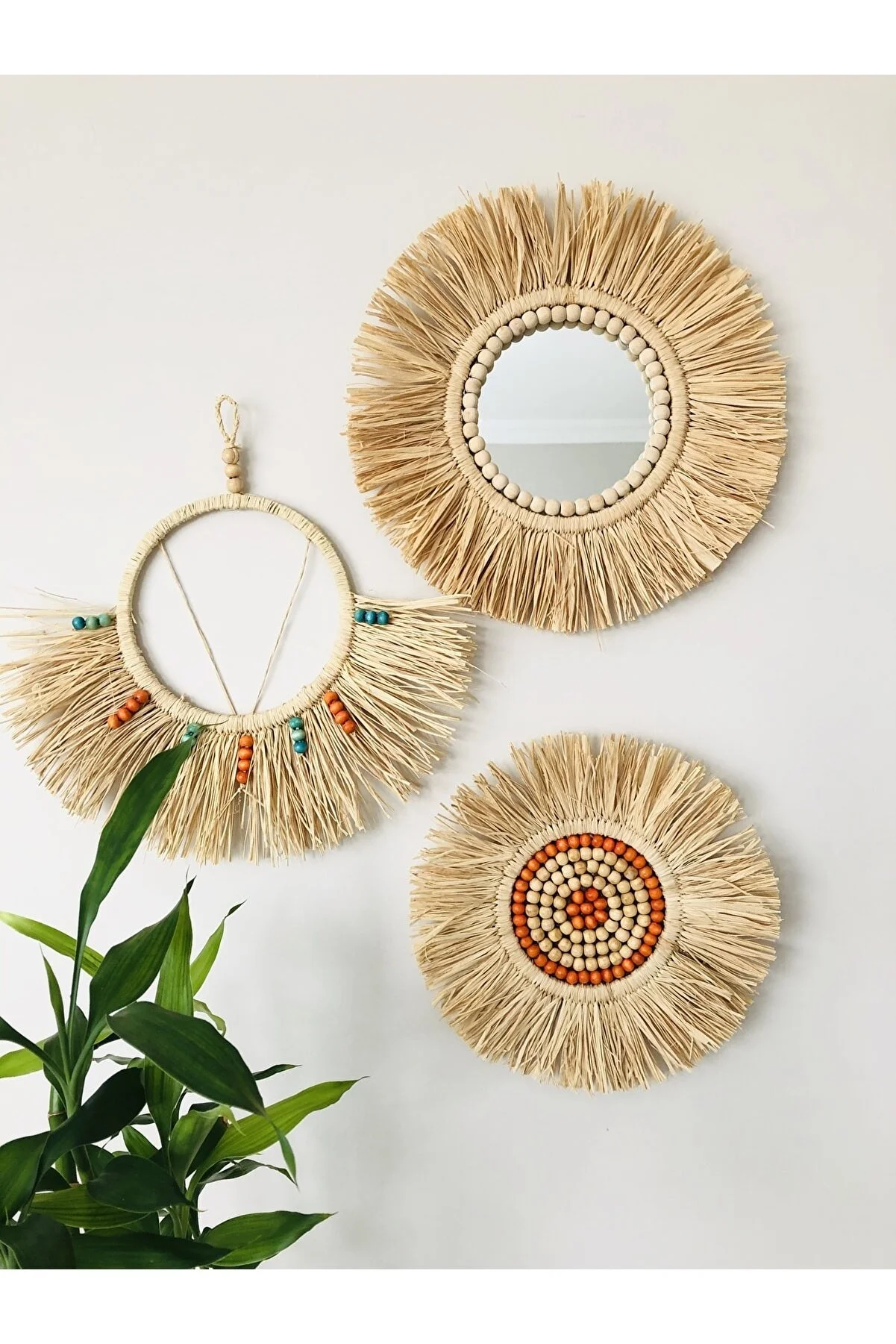 Set of Three Handmade Bohemian Wall Hanging Decorative Mirrors (35-40 cm)