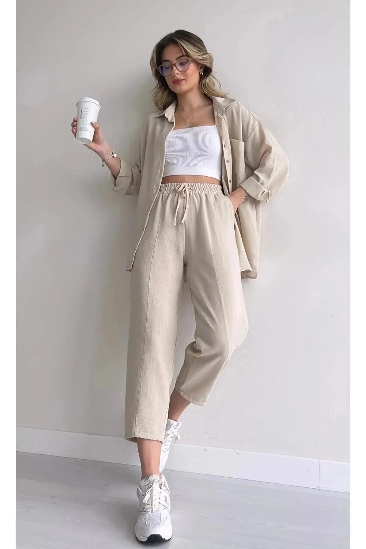 İkmal Women's Beige Linen Blend Shirt and Pants Set - Stylish Two-Piece Ensemble