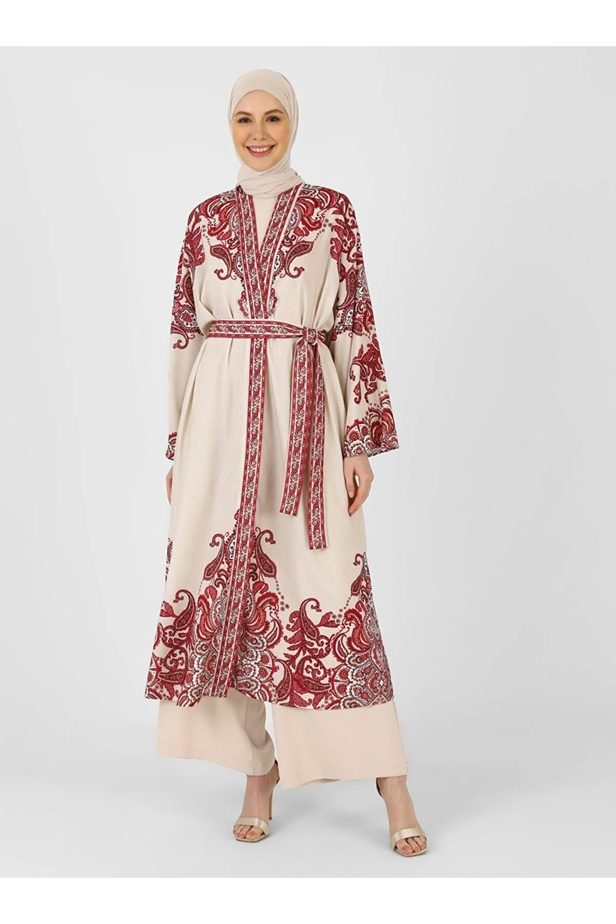 Refka Woman Shawl Patterned Belted Kimono - Cherry
