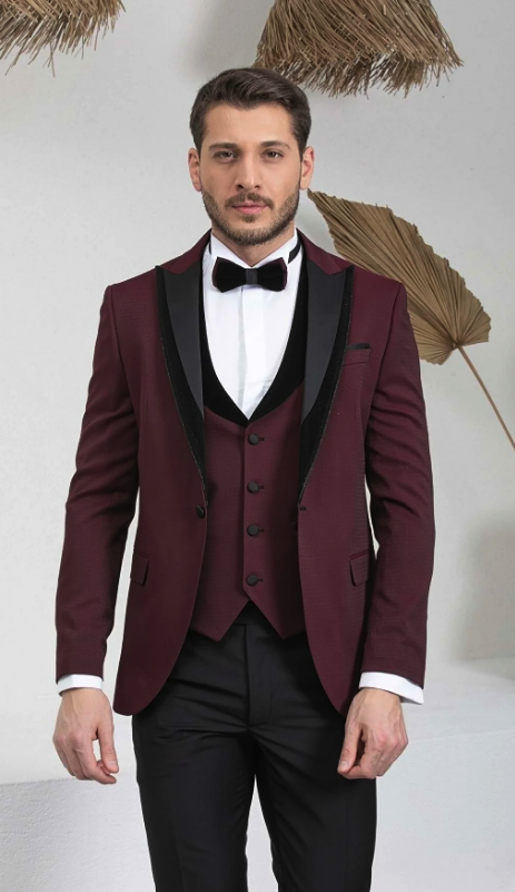 ZAYFA Claret Red Slim Fit Velvet Satin Collar Men Tuxedo ZYF-SMK-Z22002-01