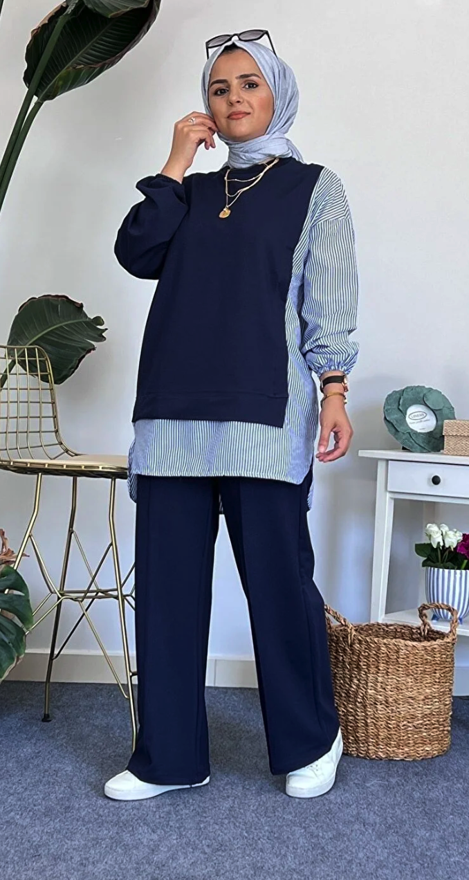 ASEL FASHION Line Navy Blue Shirt Detailed Suit ASELLINE