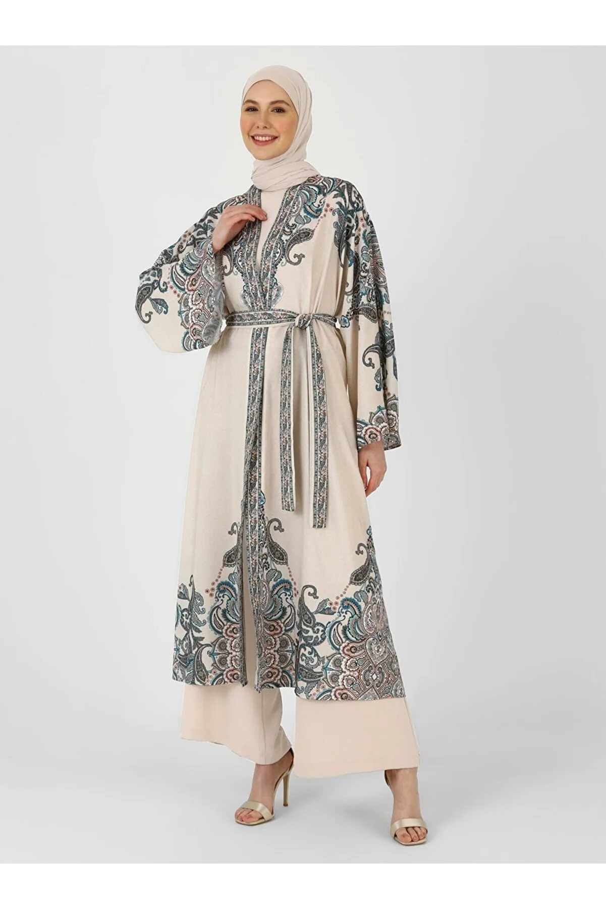 Refka Woman Shawl Patterned Belted Kimono - Green