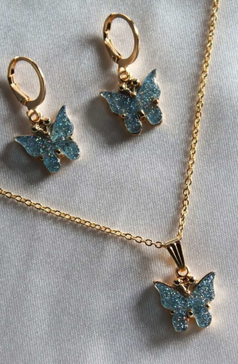 Remini Accessory Women's Water Green Luminous Butterfly Necklace and Earrings