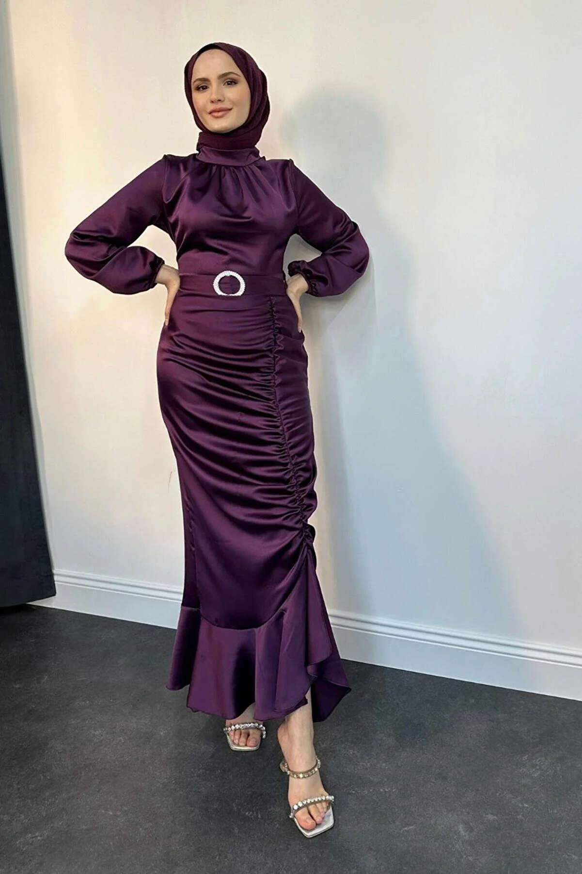 Mervenakyuz Ruched Belted Satin Evening Gown in Purple