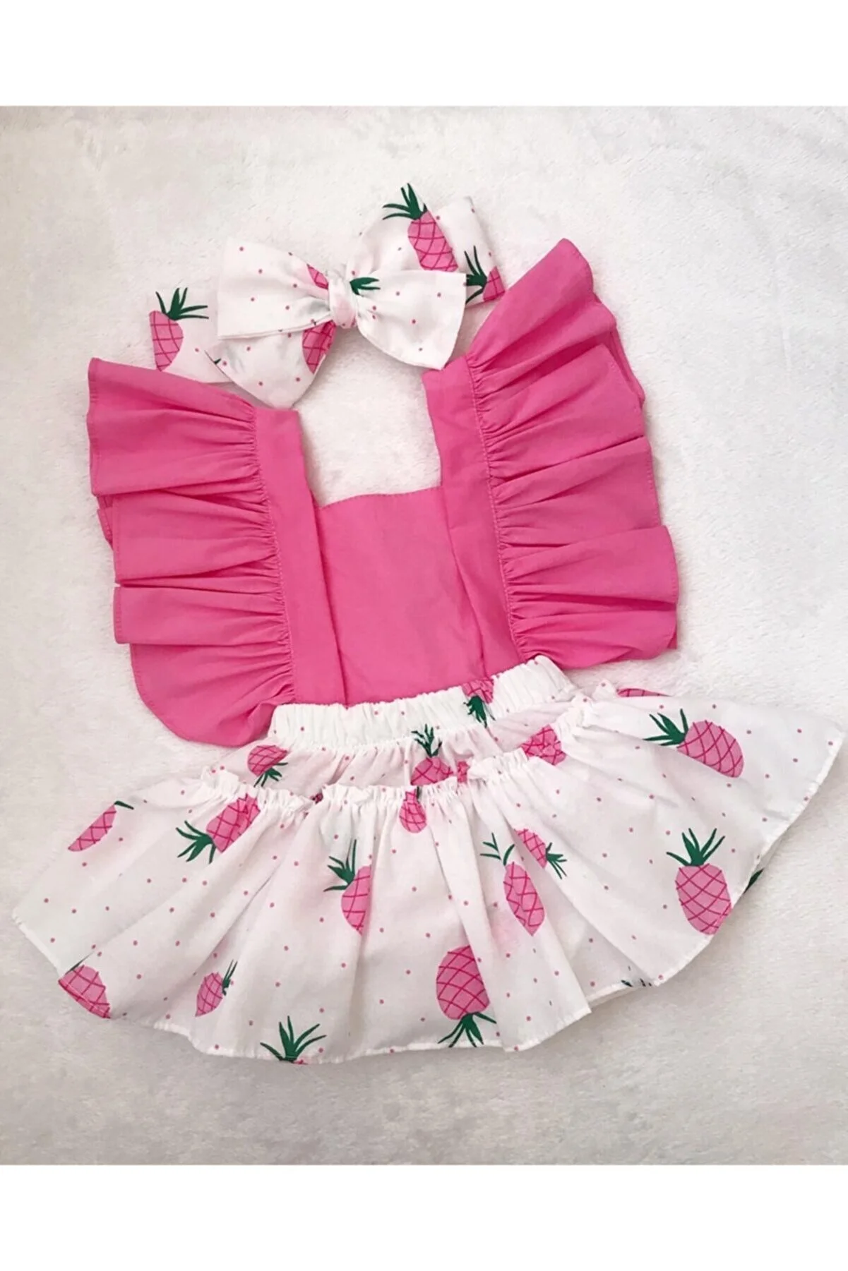 ŞAPKAKİDS Red Cherry Print Ruffled Romper with Bandana and Fishnet Socks Set