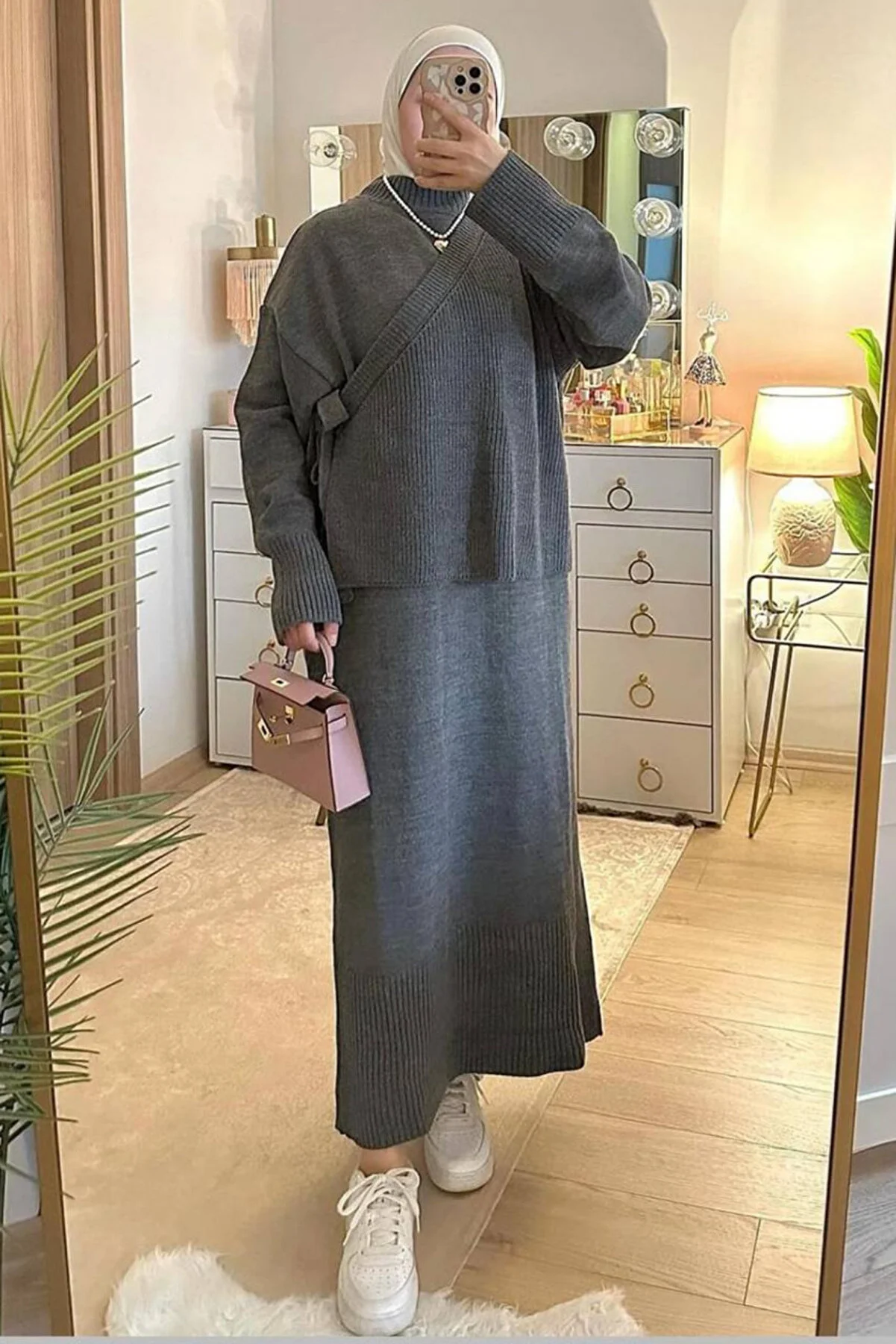 Istanbul Style Moda 2-Piece Knit Hijab Dress and Sweater Set - Vizon (TKM2404)