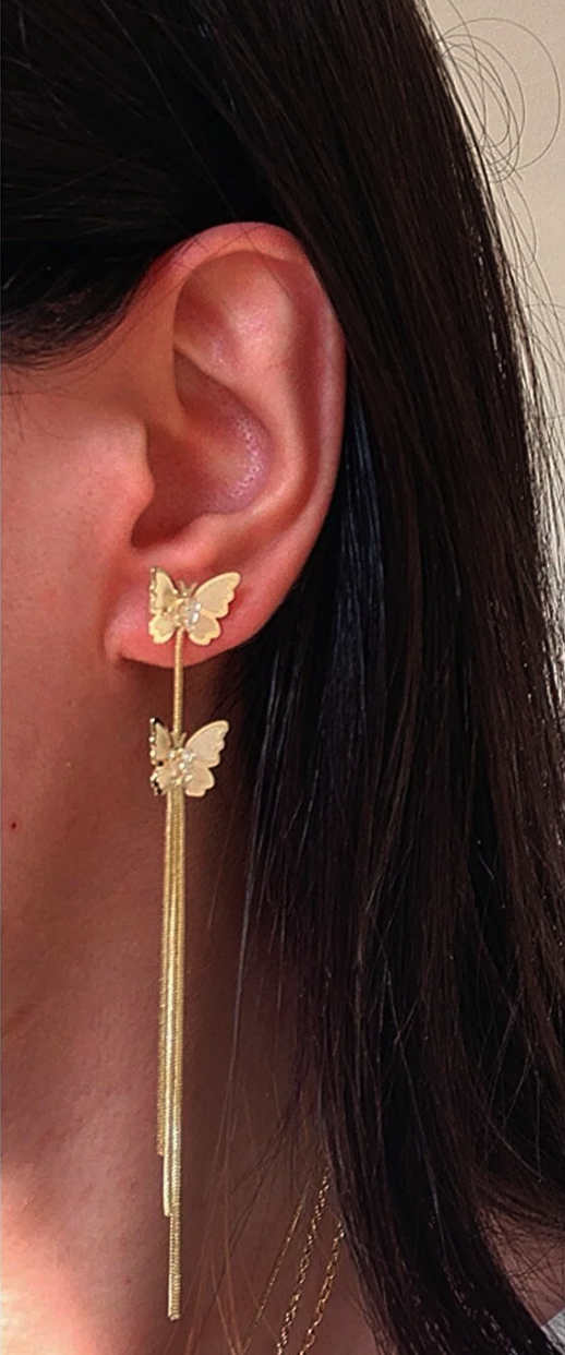 Opia JEWELRY - Zircon Detailed Dangle Steel Butterfly Earrings (9 Cm)