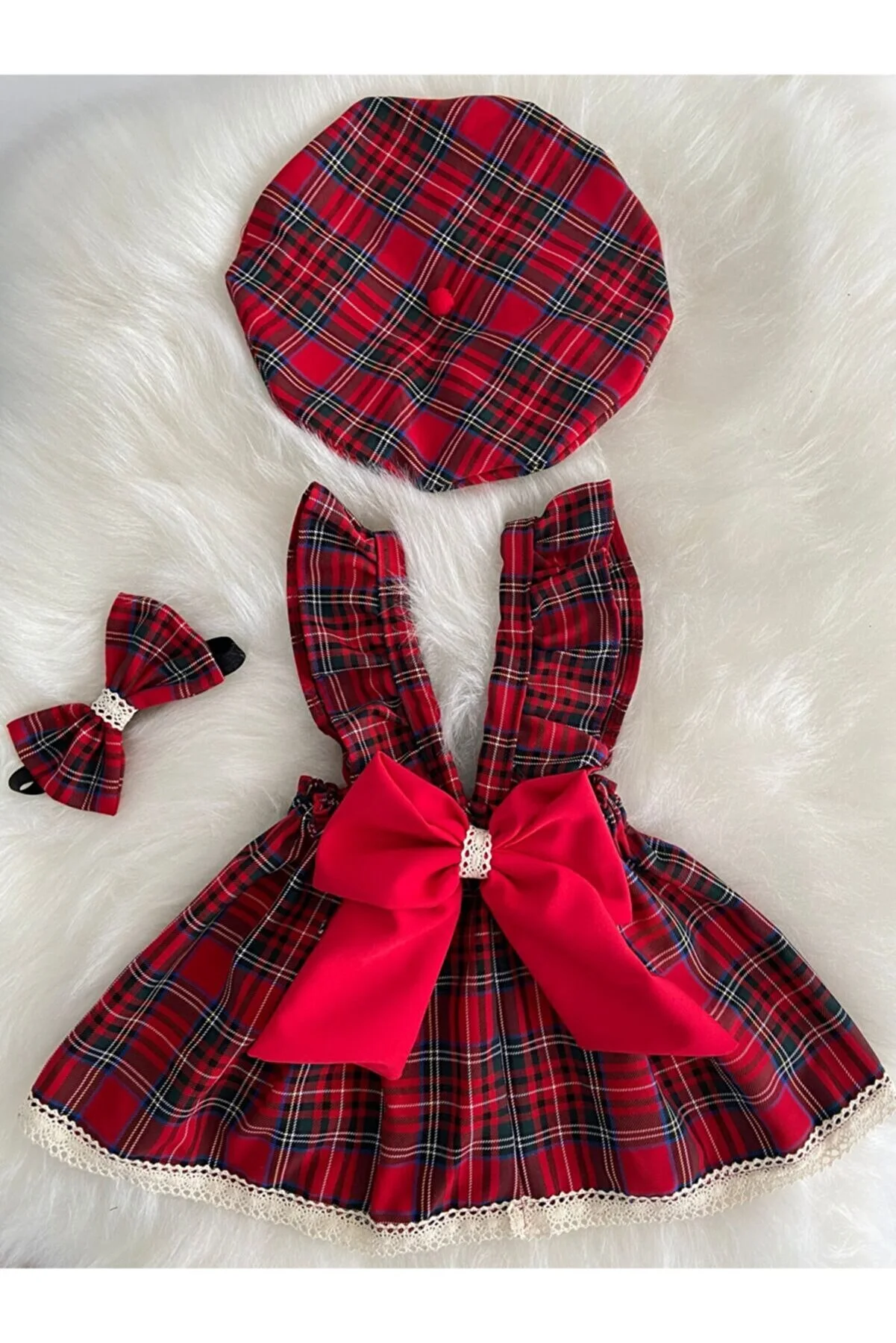 Adorable Red Plaid Dress and Bandana Hat Set for Fashionable Baby Girls