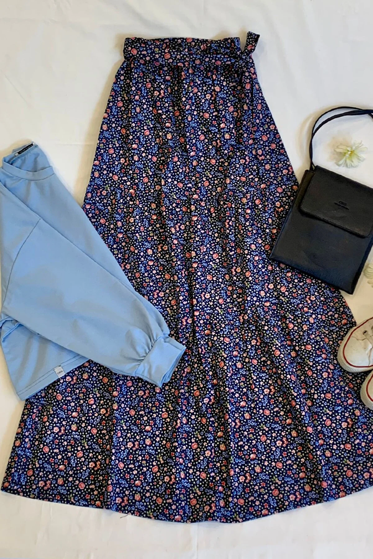 Baby Blue Crop & Navy Small Flower Layered Skirt - BEBEMAVCROPLACIKCKATETEK