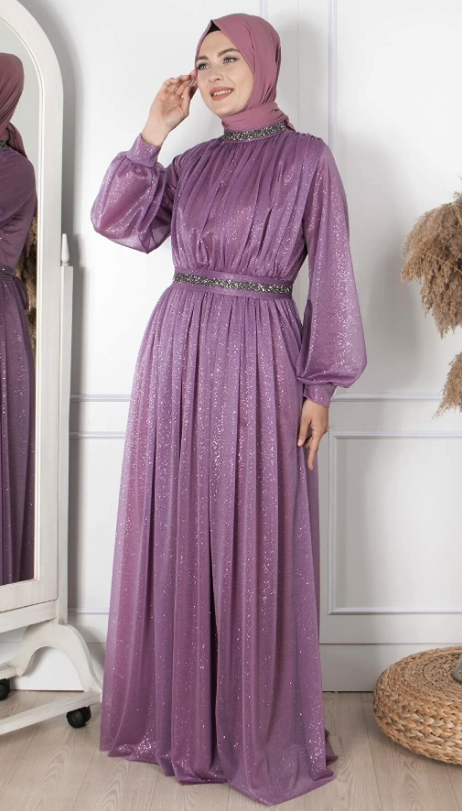 Fahima Stone Embroidered Silvery Tulle Evening Dress Navy Blue Fhm858 FHM858