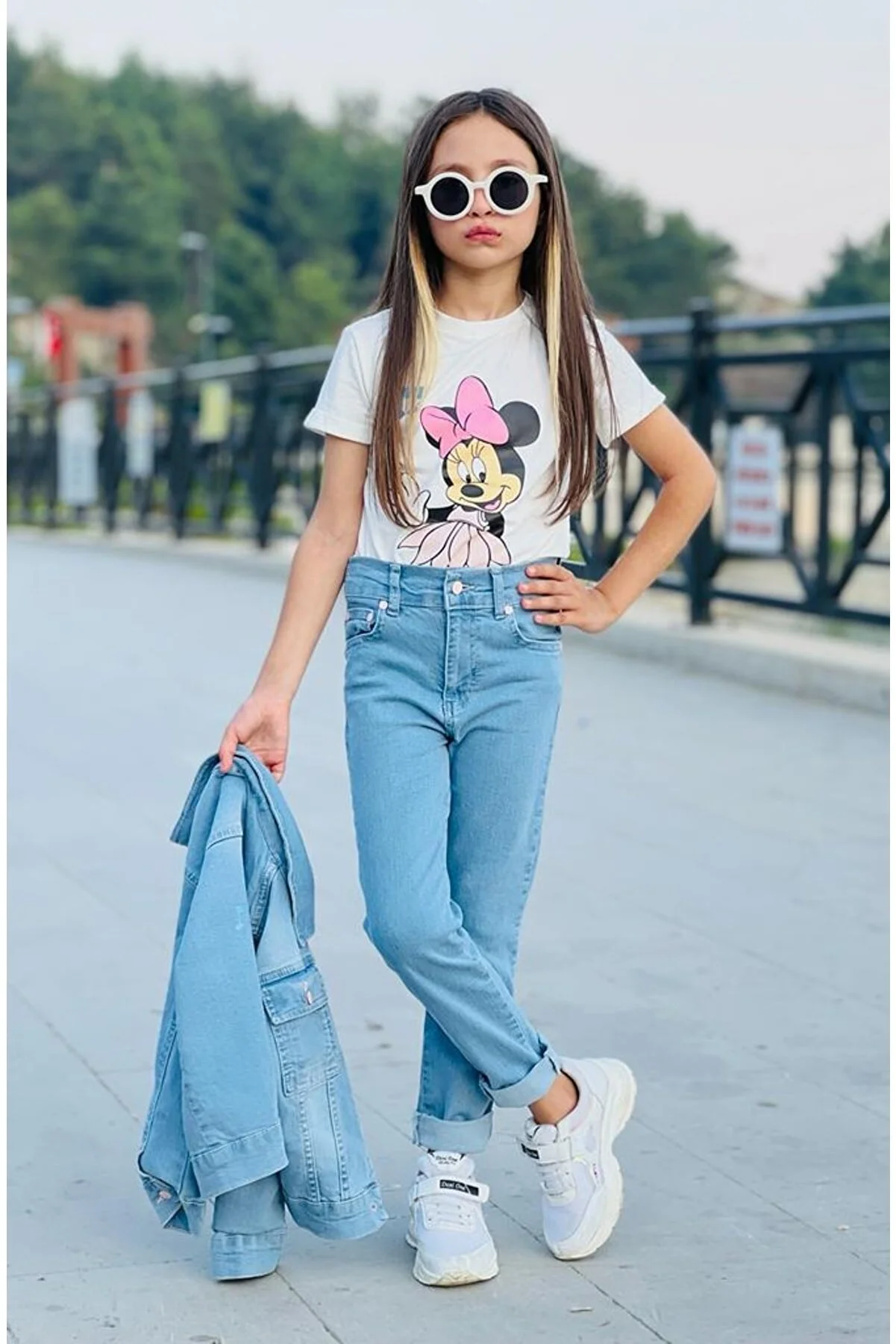 gogokids Girls' Printed Denim Set TNM074 - Minnie and Mickey Theme, Quality Lycra Infused