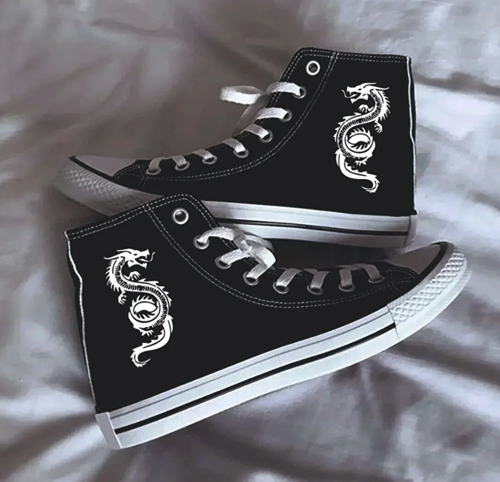 Halloween Unisex Casual Linen Comfortable Ankle Black Long Convers Dragon Printed Sneakers