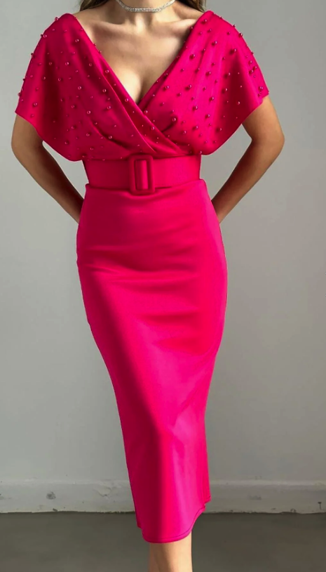 Deafox Fuchsia Belted Scuba Fabric Pearl Detailed Dress TYC00796227655