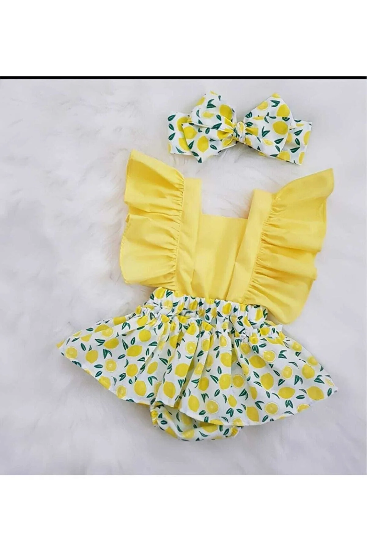 ŞAPKAKİDS Yellow  Ruffled Romper with Bandana and Fishnet Socks Set