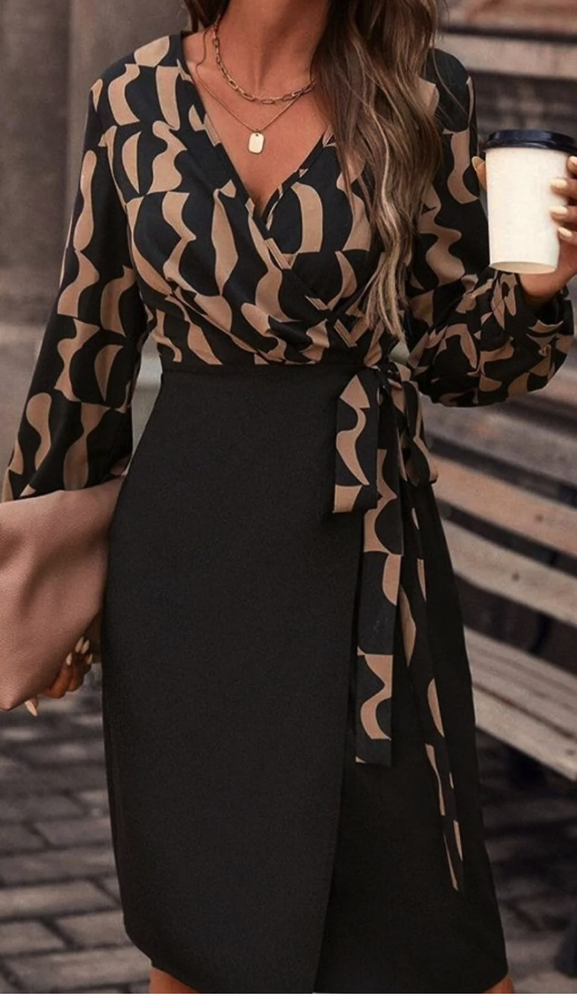 Viyamo Women's Long Sleeve Double Breasted Collar Digital Printed Bow Detail Atlas Fabric Black Coffee Dress